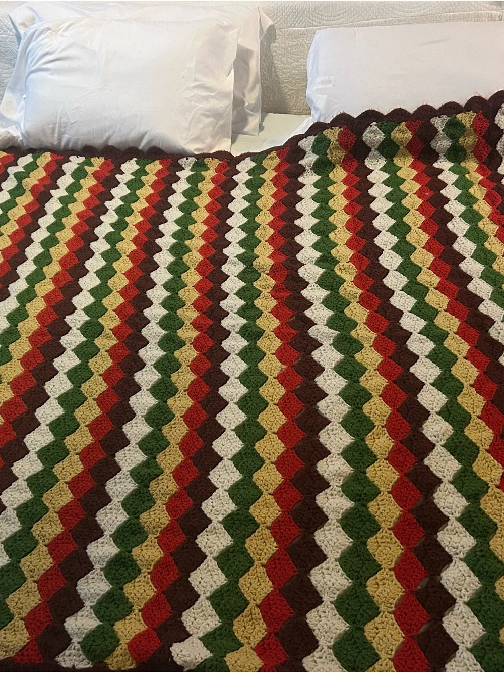 Handmade Crochet Afghan Blanket in Red, Green, Gold & Cream